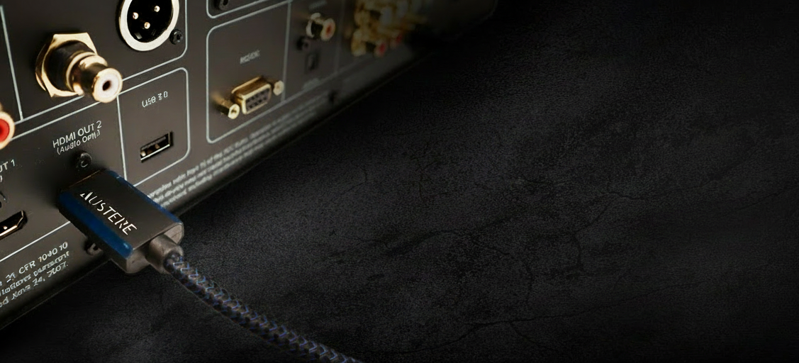 The back of a Magnetar player showcasing an Austere HDMI cable.